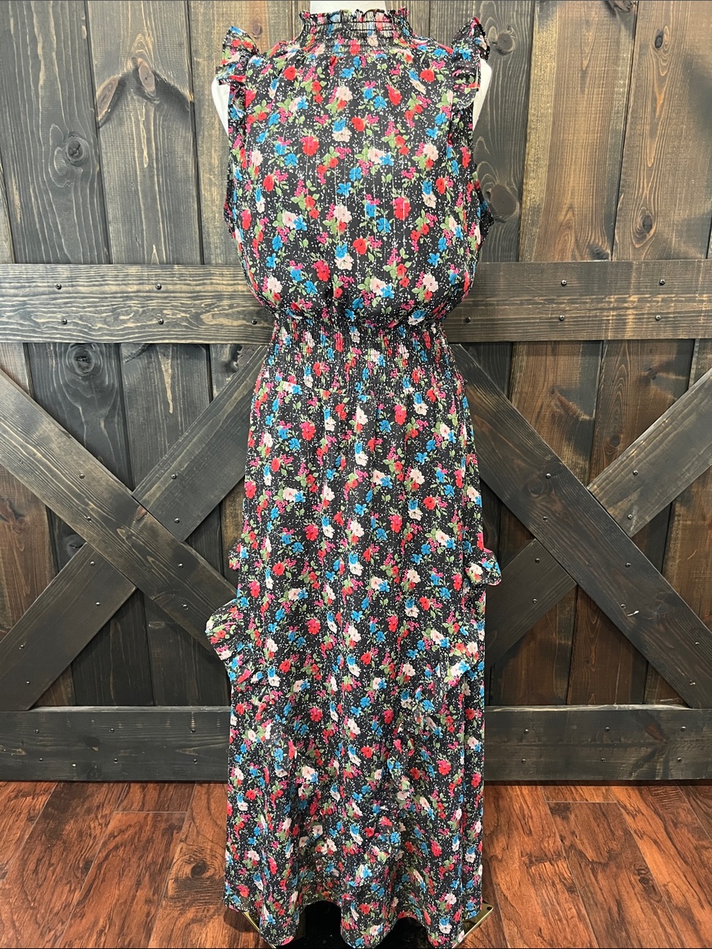 G by Giuliana Black Multi Floral Smocked Ruffle Maxi Dress 12 Cottagecore Fairy